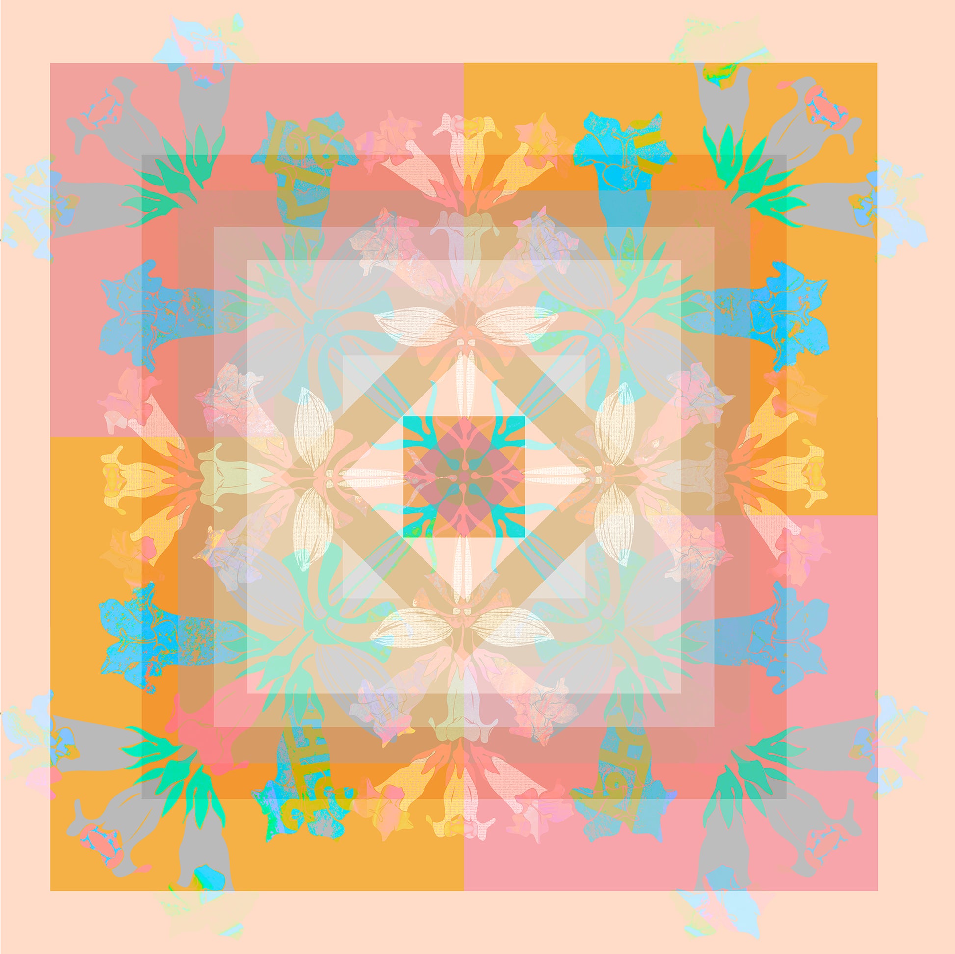 Vibrant floral design of American Folk Art Silk Scarf by Leeloo + Zohan, showcasing a colorful symmetrical pattern on silk habotai.