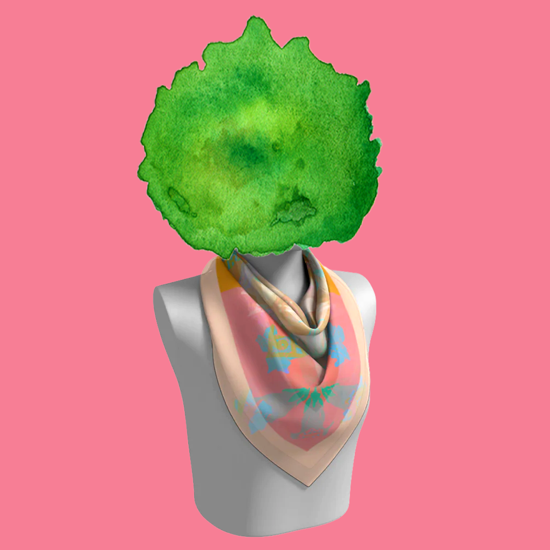American Folk Art 1.1 silk scarf draped on mannequin bust on pink background by Leeloo + Zohan—Square Scarf