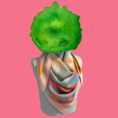 American Folk Art 1.1 silk scarf tied loosely around mannequin neck on pink background by Leeloo + Zohan