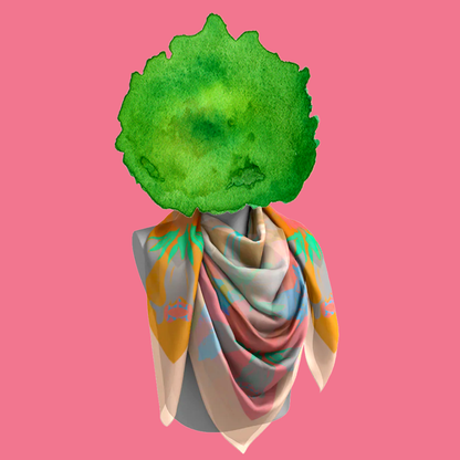 American Folk Art 1.1 silk scarf wrapped around mannequin neck on pink background by Leeloo + Zohan