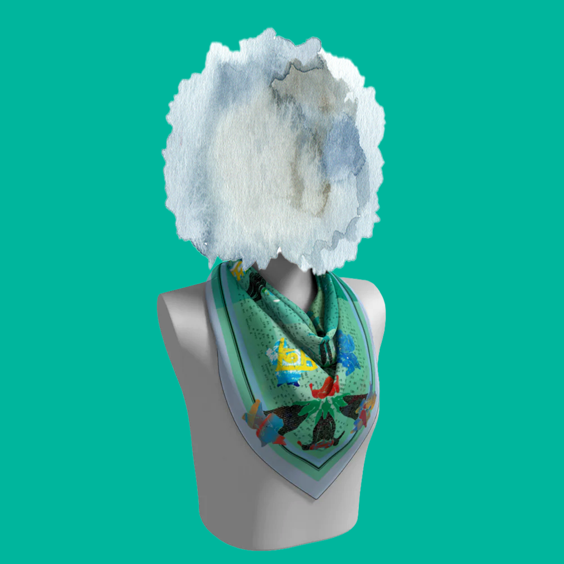 American Folk Art 1.2 silk scarf draped on mannequin bust on teal background by Leeloo + Zohan