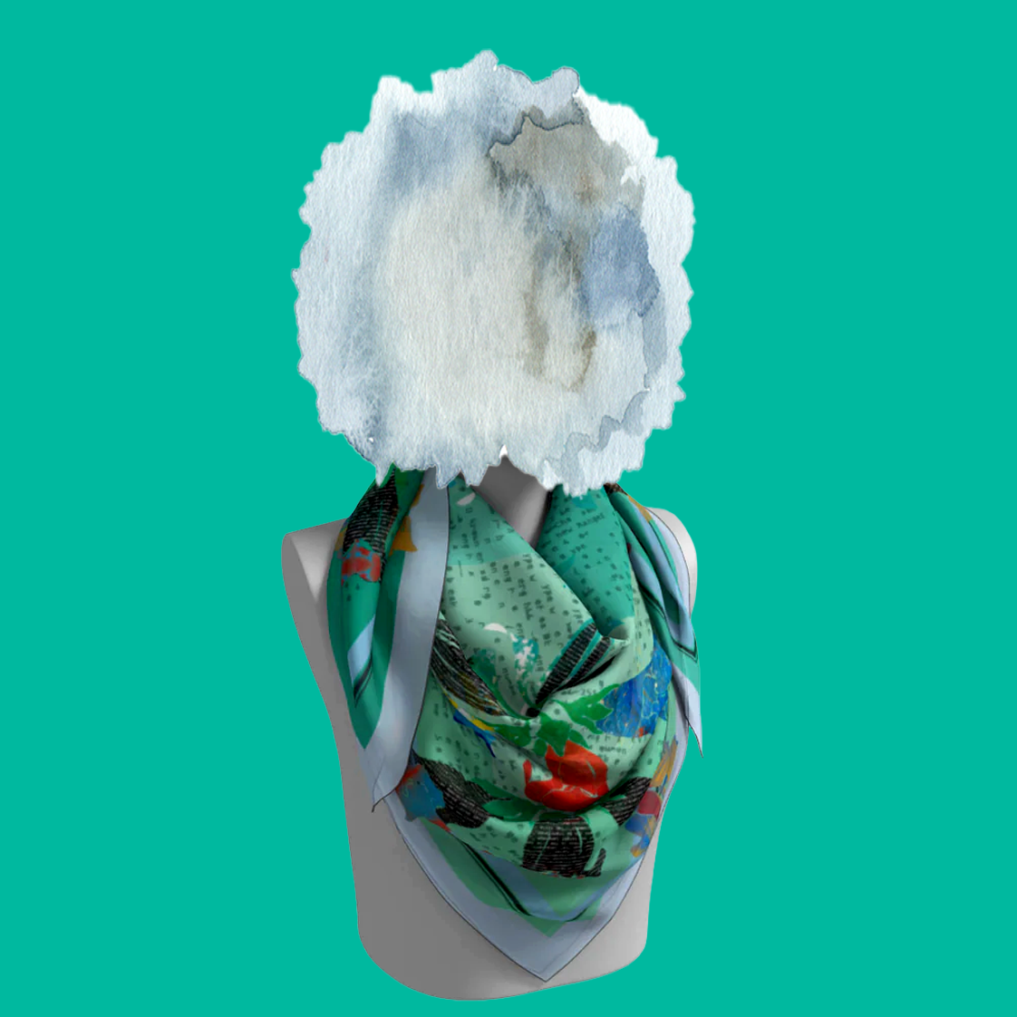 American Folk Art 1.2 silk scarf tied loosely around mannequin neck on teal background by Leeloo + Zohan