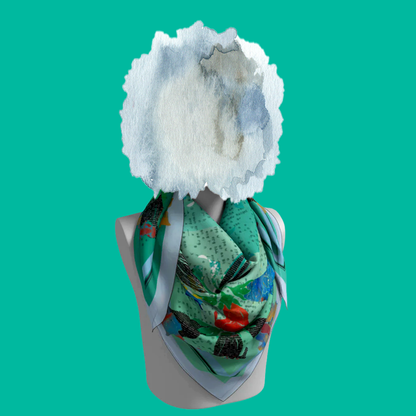 American Folk Art 1.2 silk scarf tied loosely around mannequin neck on teal background by Leeloo + Zohan