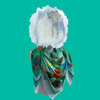 American Folk Art 1.2 silk scarf wrapped around mannequin neck on teal background by Leeloo + Zohan