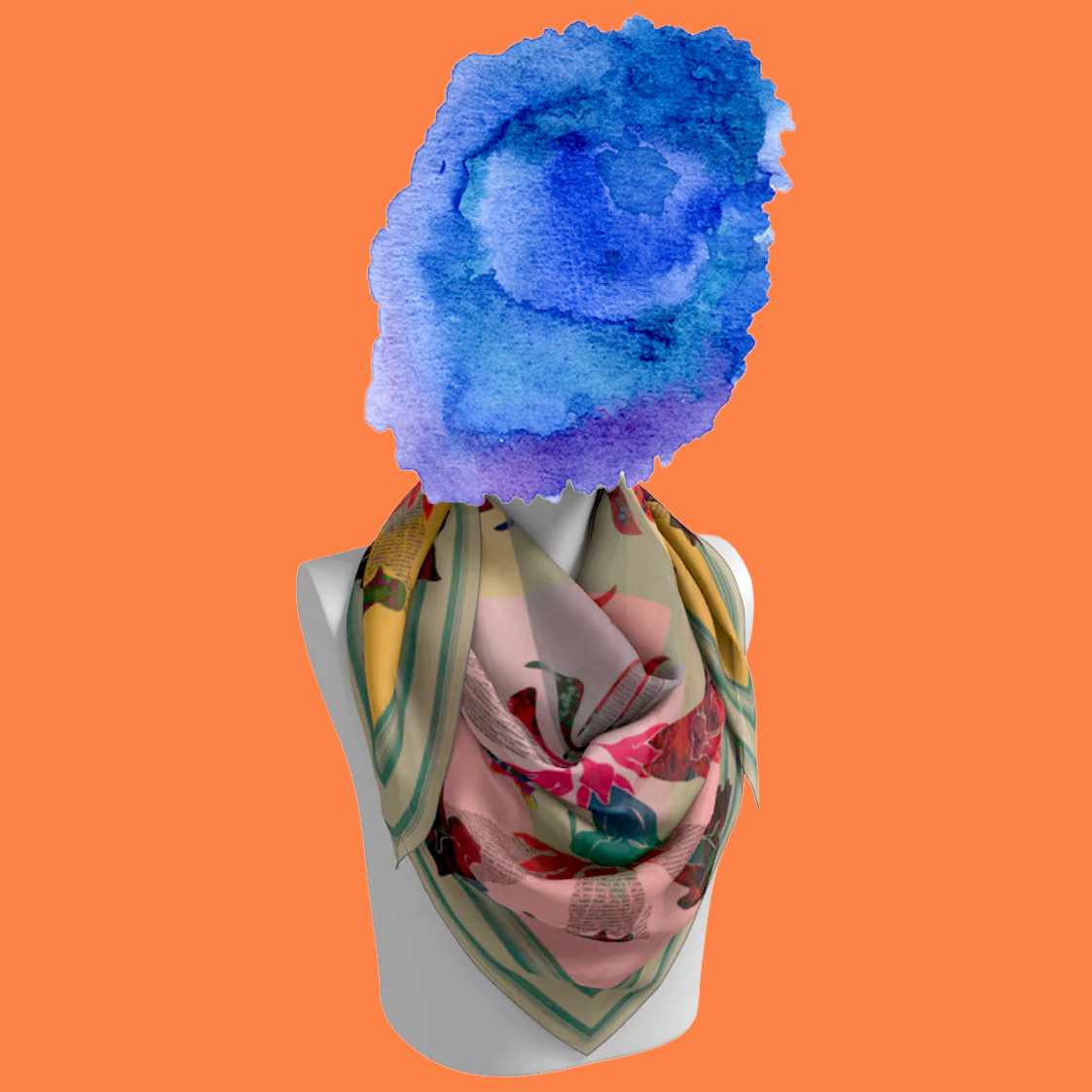 American Folk Art 1.3 silk scarf tied loosely around mannequin neck on orange background by Leeloo + Zohan