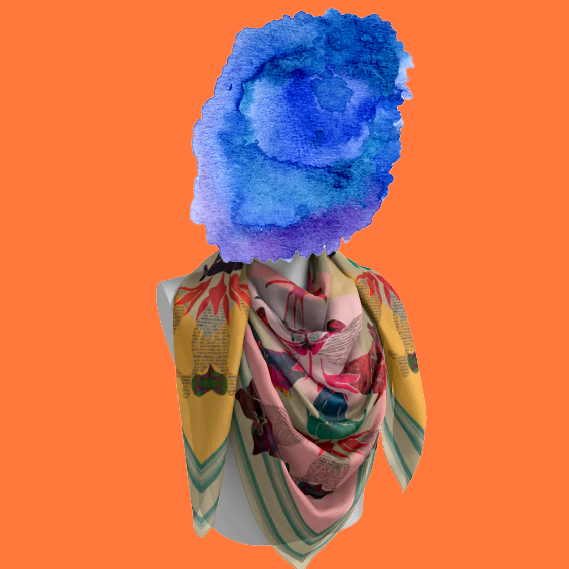 American Folk Art 1.3 silk scarf wrapped around mannequin neck on orange background by Leeloo + Zohan