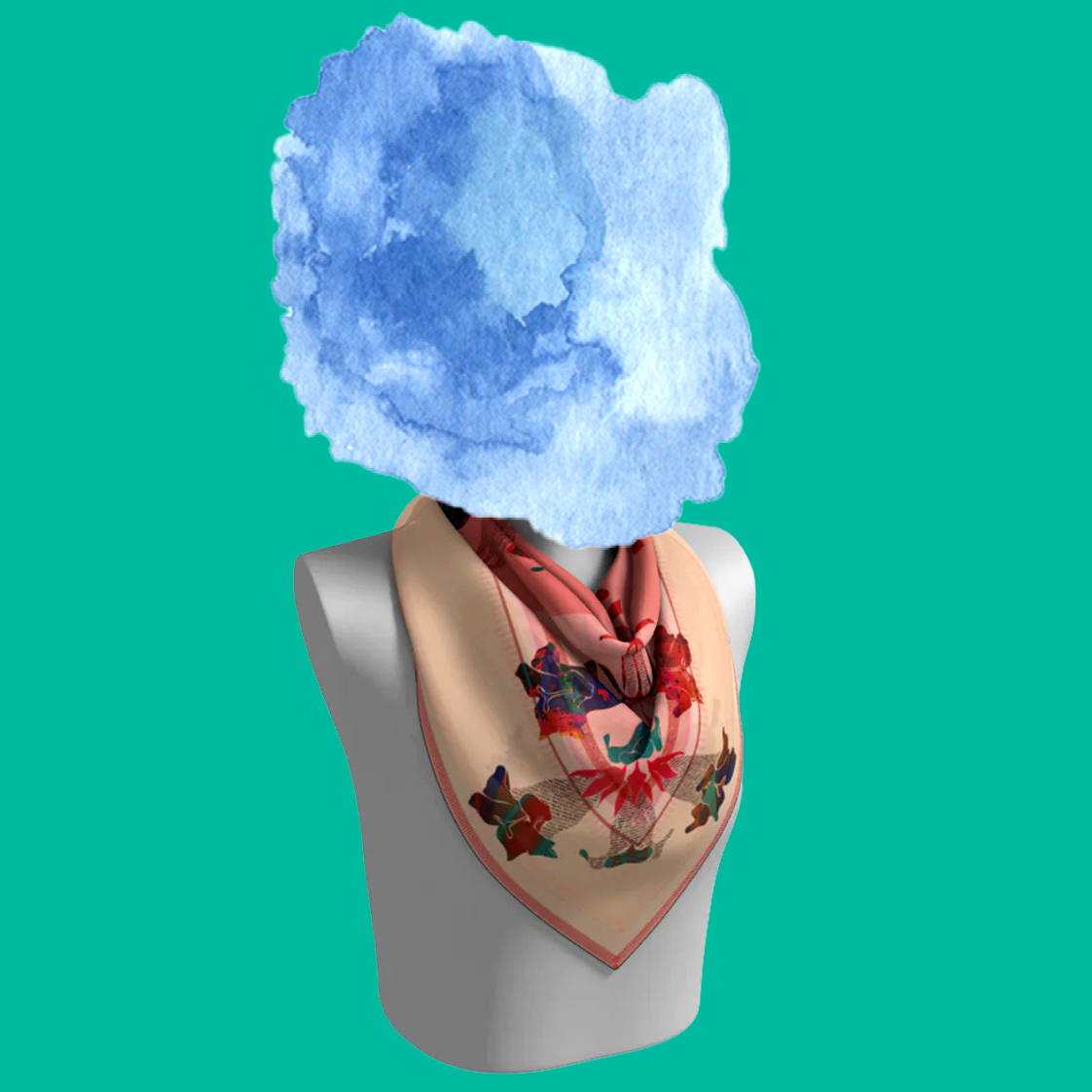 American Folk Art 1.4 silk scarf draped on mannequin bust on teal background by Leeloo + Zohan
