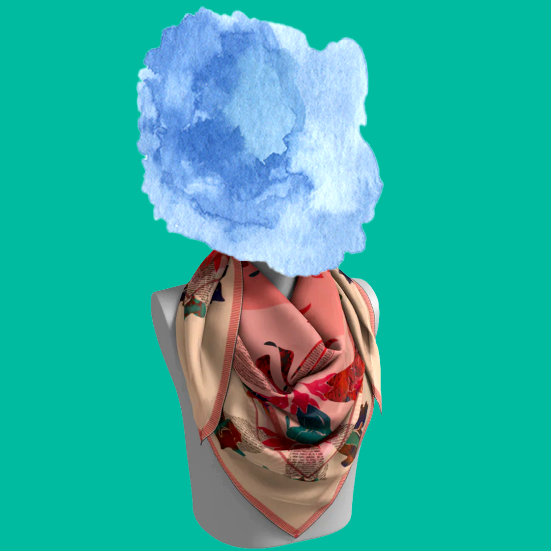 American Folk Art 1.4 silk scarf tied on mannequin bust on teal background by Leeloo + Zohan