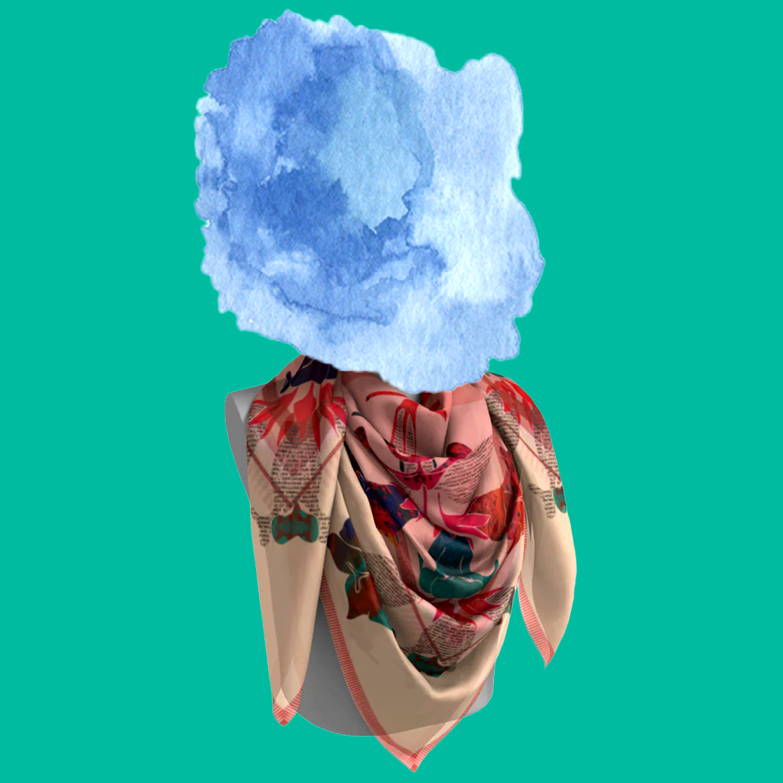 American Folk Art 1.4 silk scarf shown from back on mannequin bust on teal background by Leeloo + Zohan