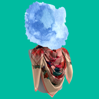 American Folk Art 1.4 silk scarf shown from back on mannequin bust on teal background by Leeloo + Zohan