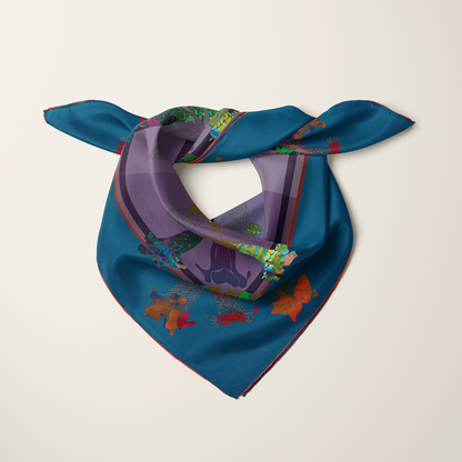 American Folk Art 1.5 silk scarf tied as a neck piece—quilt and hope-chest motifs