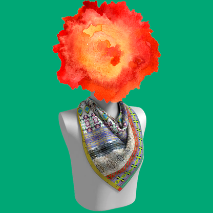 American Graffiti silk scarf draped on mannequin bust on green background by Leeloo + Zohan
