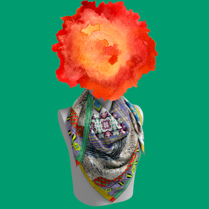 American Graffiti silk scarf tied on mannequin bust on green background by Leeloo + Zohan