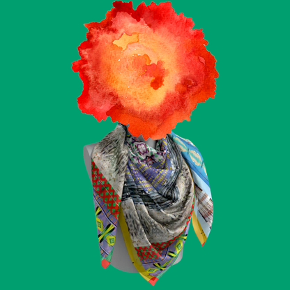 American Graffiti large silk scarf wrapped on mannequin bust on green background by Leeloo + Zohan