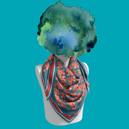 Beach People 1.0 silk scarf draped on mannequin bust on teal background by Leeloo + Zohan