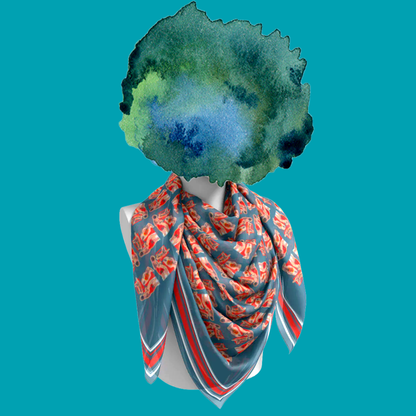 Beach People 1.0 large silk scarf wrapped on mannequin bust on teal background by Leeloo + Zohan