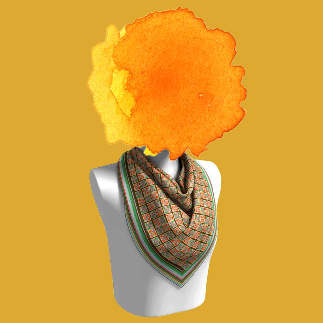 Beach People 1.1 silk scarf tied on mannequin bust on golden yellow background by Leeloo + Zohan—Square Scarf