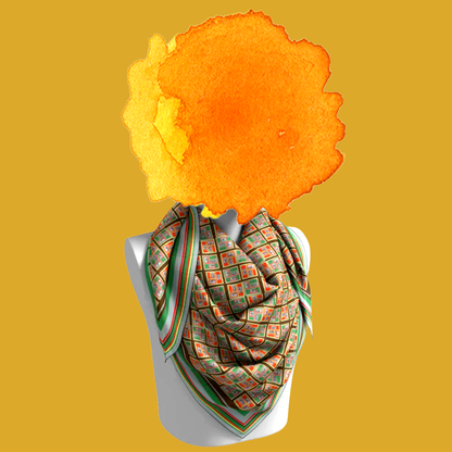 Beach People 1.1 large silk scarf draped on mannequin bust on golden yellow background by Leeloo + Zohan