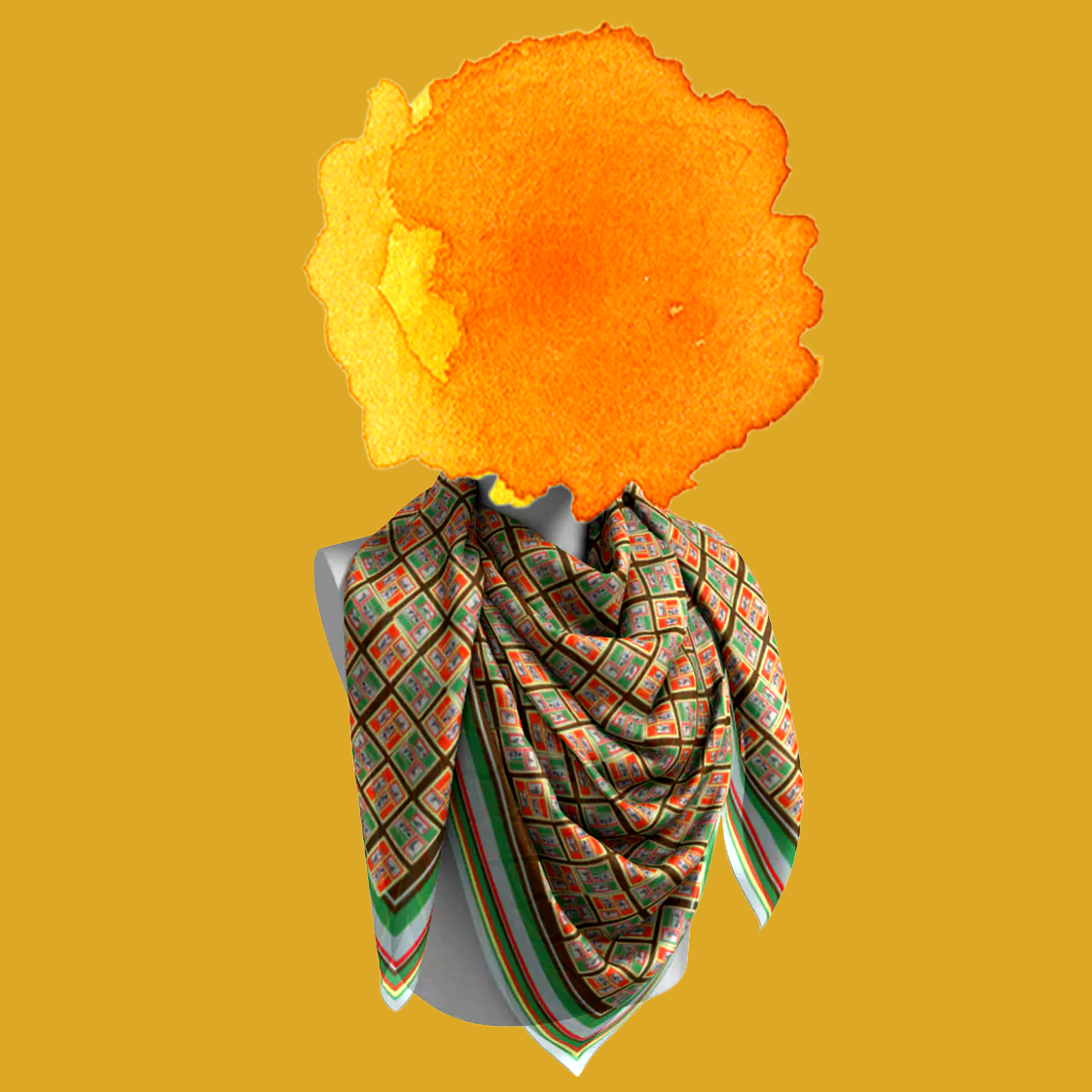 Beach People 1.1 medium silk scarf wrapped on mannequin bust on golden yellow background by Leeloo + Zohan