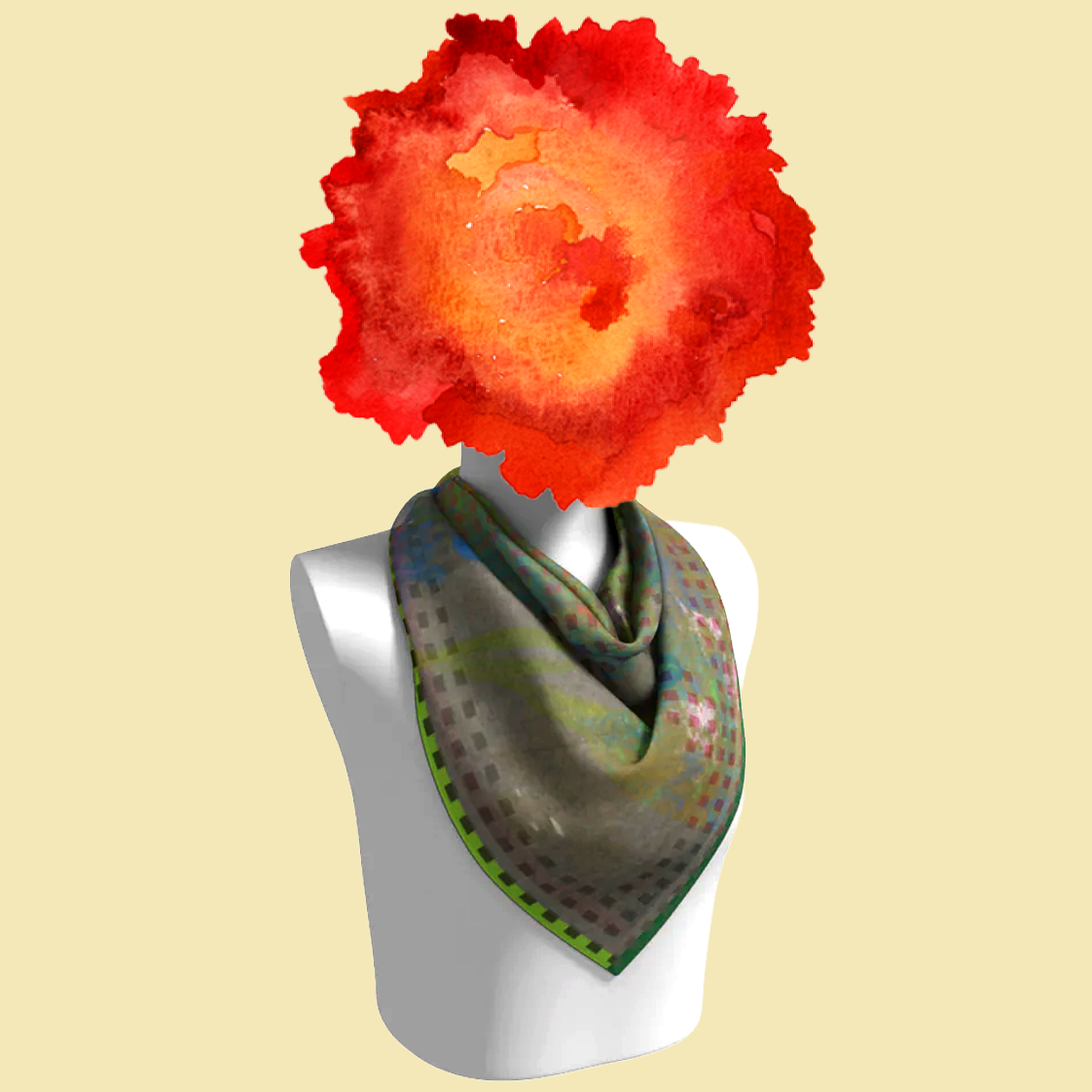 Colorado Springs silk scarf tied on mannequin bust on cream background by Leeloo + Zohan—Square Scarf