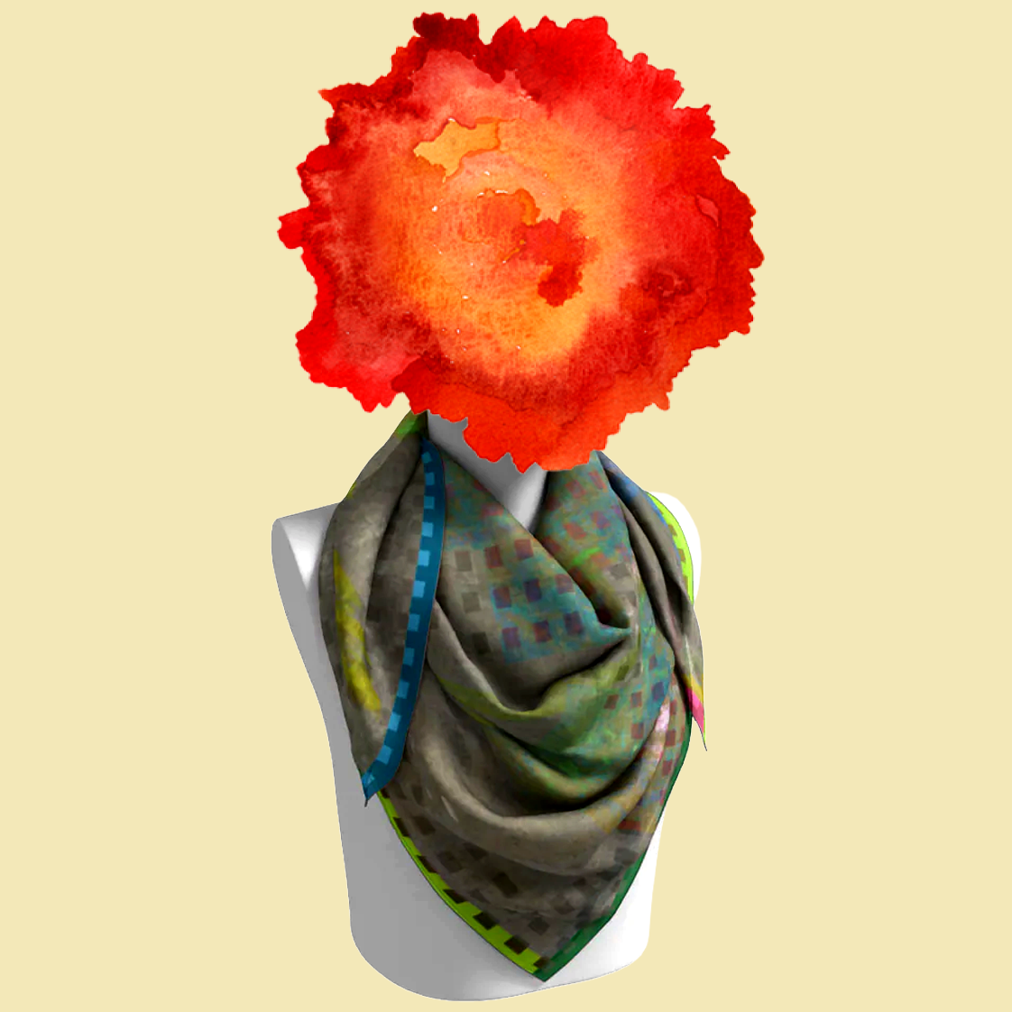 Colorado Springs silk scarf draped on mannequin bust on cream background by Leeloo + Zohan