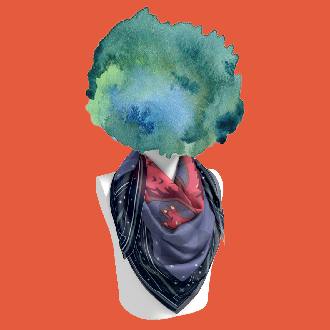 Dragon Egg Adventure silk scarf tied on mannequin bust on orange background by Leeloo + Zohan