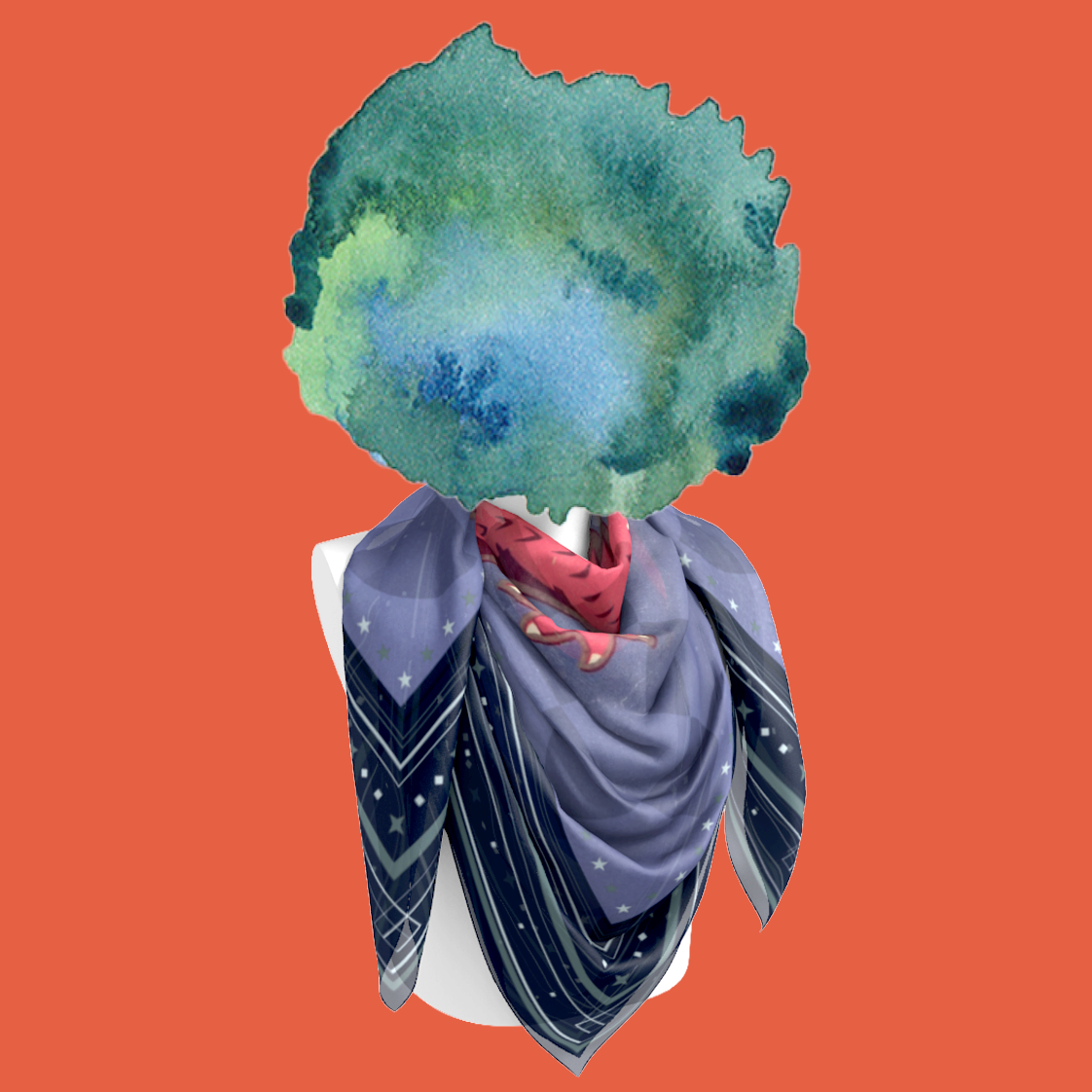 Dragon Egg Adventure silk scarf draped on mannequin bust on orange background by Leeloo + Zohan