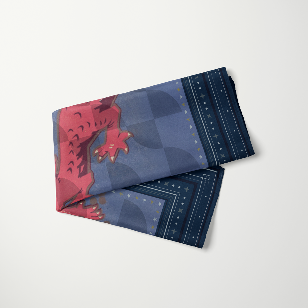 Dragon Egg Adventure silk scarf tied at the wrist—fine pattern detail