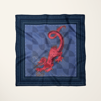 Dragon Egg Adventure silk scarf—geometric-meets-organic pattern in unexpected color, flat-lay