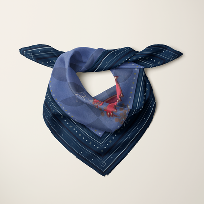 Dragon Egg Adventure silk scarf styled on the shoulders—pattern detail on habotai