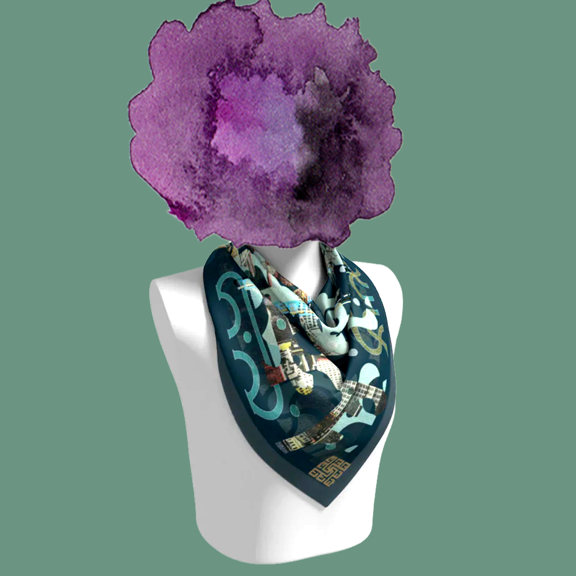 Egyptian P. Chrysler silk scarf tied on mannequin bust on sage green background by Leeloo + Zohan—Square Scarf