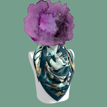 Egyptian P. Chrysler silk scarf draped on mannequin bust on sage green background by Leeloo + Zohan