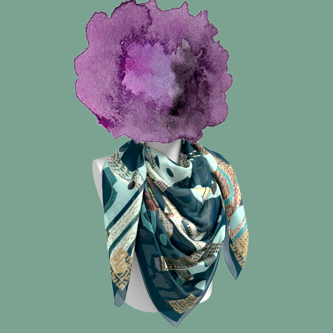 Egyptian P. Chrysler silk scarf draped on mannequin bust on sage green background by Leeloo + Zohan
