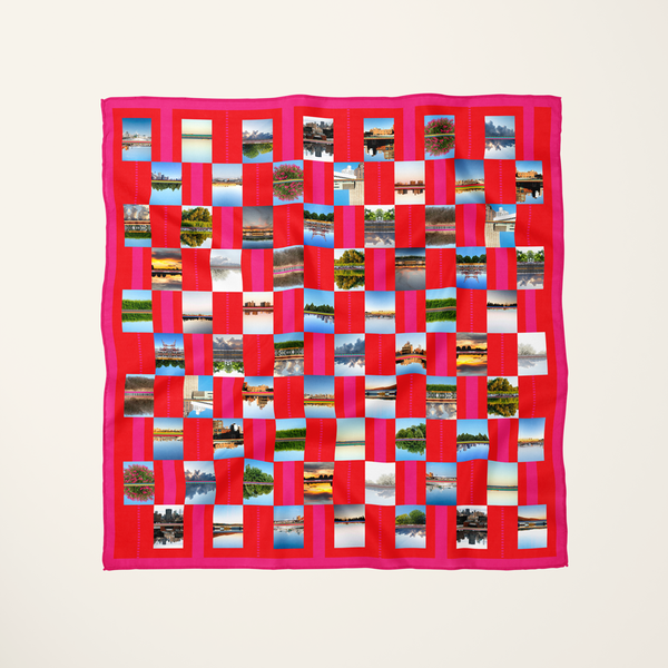False Mirror Pattern silk scarf—surrealist symmetrical design, flat-lay product shot