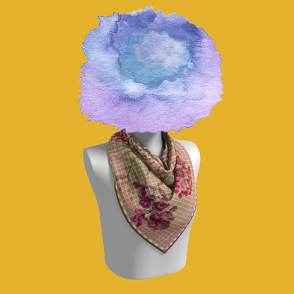 Flowers from The Mesa silk scarf draped on mannequin bust on yellow background by Leeloo + Zohan