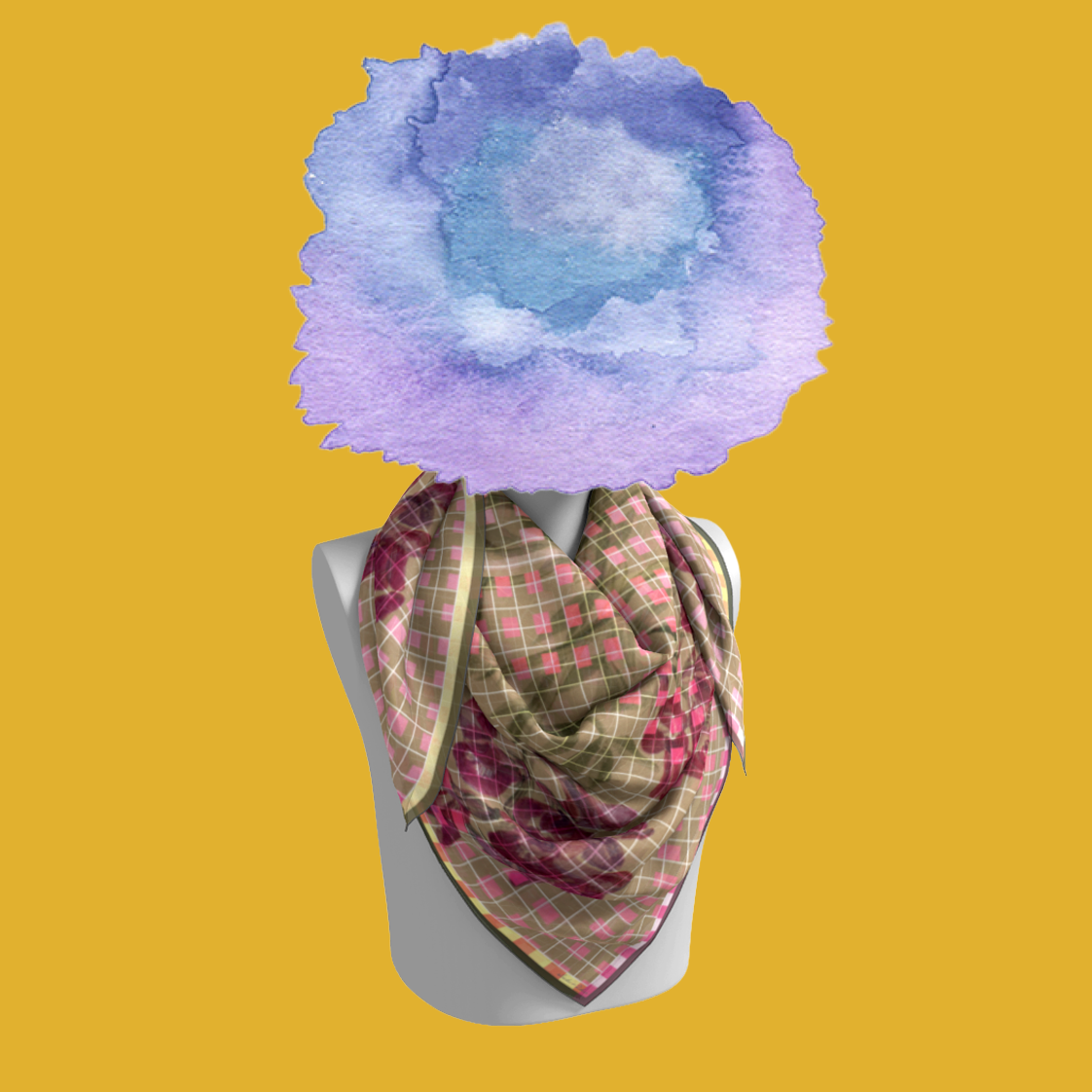 Flowers from The Mesa silk scarf draped on mannequin bust on yellow background by Leeloo + Zohan
