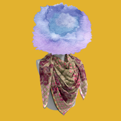 Flowers from The Mesa silk scarf draped on mannequin bust on yellow background by Leeloo + Zohan
