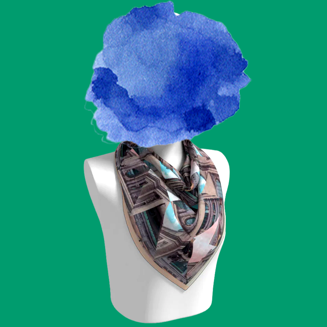 Grand Central Terminal silk scarf tied on mannequin bust on green background by Leeloo + Zohan—Square Scarf