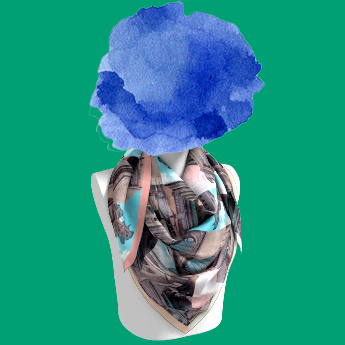 Grand Central Terminal silk scarf tied on mannequin bust on green background by Leeloo + Zohan