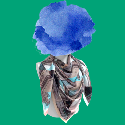 Grand Central Terminal silk scarf tied on mannequin bust on green background by Leeloo + Zohan