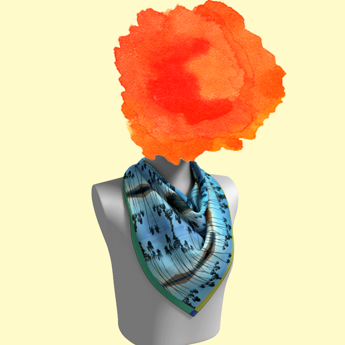 Haleakalā Moonrise silk scarf tied on mannequin bust on cream background by Leeloo + Zohan — Square Scarf