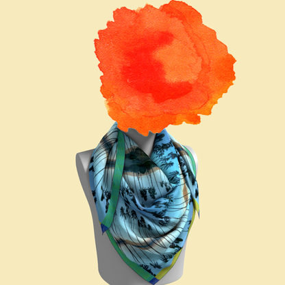 Haleakalā Moonrise silk scarf tied on mannequin bust on cream background by Leeloo + Zohan