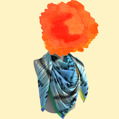 Haleakalā Moonrise silk scarf tied on mannequin bust on cream background by Leeloo + Zohan