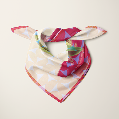 Hyacinth, Duke of Wellington silk scarf styled on the shoulders—cool violet and green palette