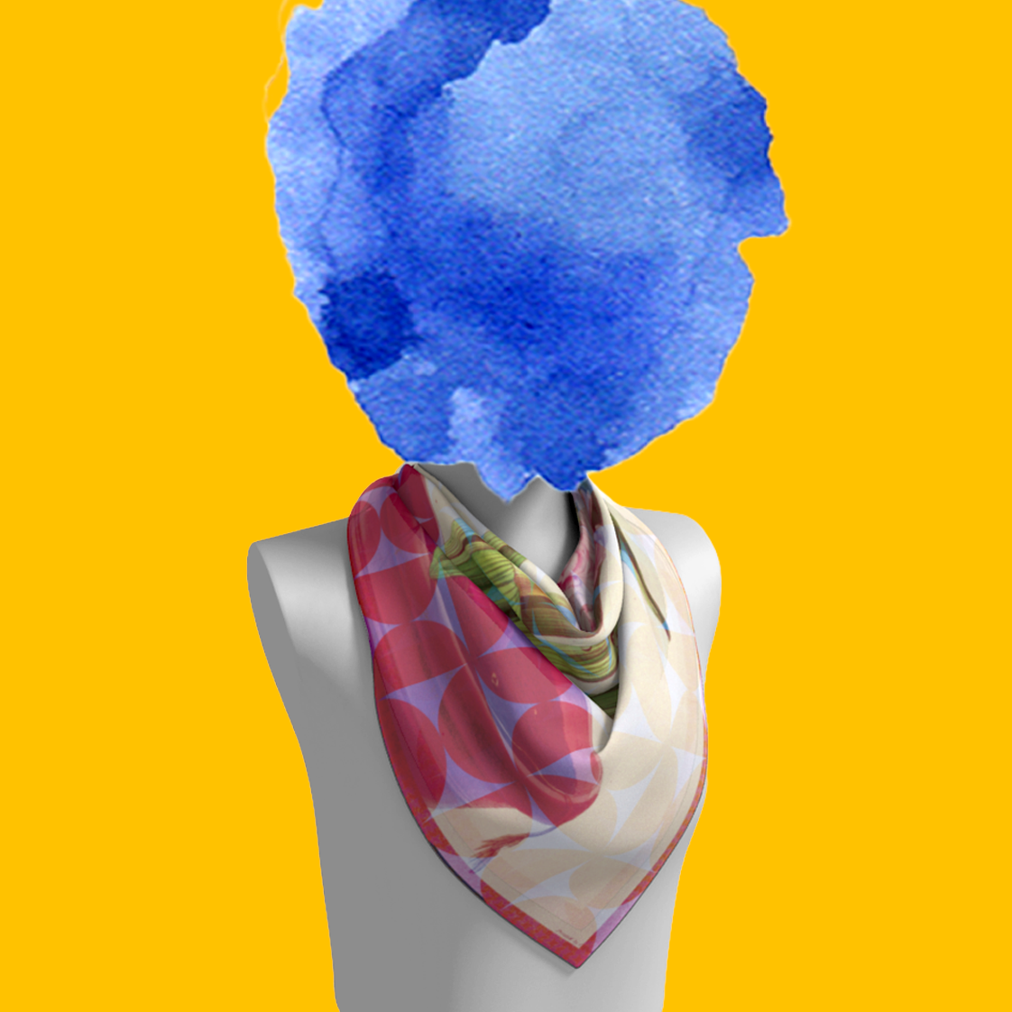 Hyacinth, Duke Of Wellington silk scarf tied on mannequin bust on yellow background by Leeloo + Zohan—Square Scarf