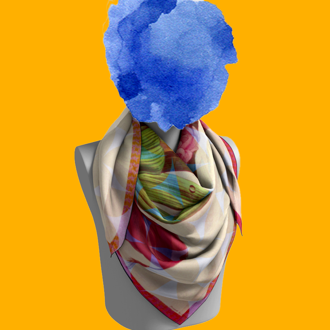 Hyacinth, Duke Of Wellington silk scarf tied on mannequin bust on yellow background by Leeloo + Zohan