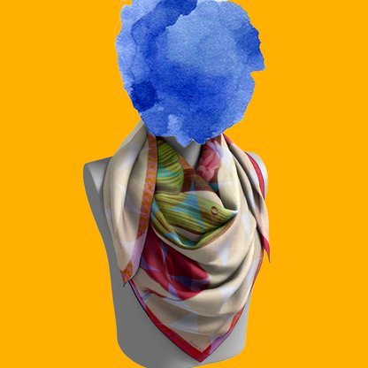 Hyacinth, Duke Of Wellington silk scarf tied on mannequin bust on yellow background by Leeloo + Zohan