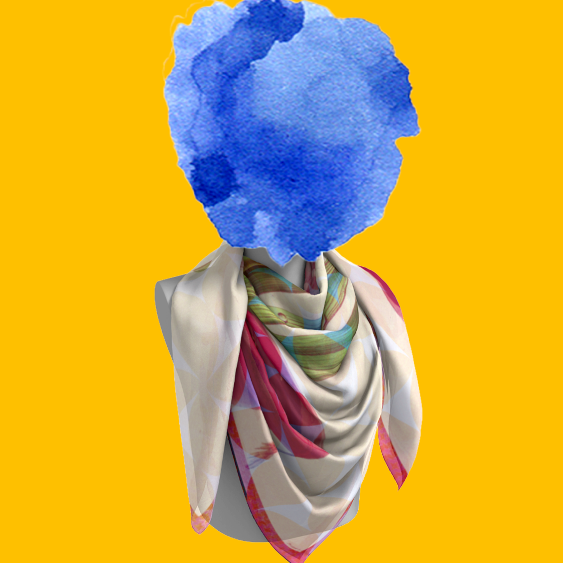 Hyacinth, Duke Of Wellington silk scarf tied on mannequin bust on yellow background by Leeloo + Zohan
