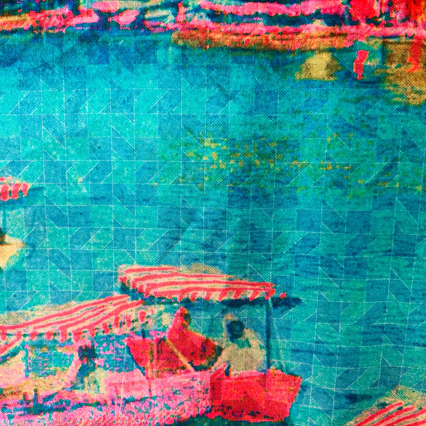 Close-up detail of the Loeb Boathouse silk scarf print showing rowboats on the Central Park Lake by Leeloo + Zohan
