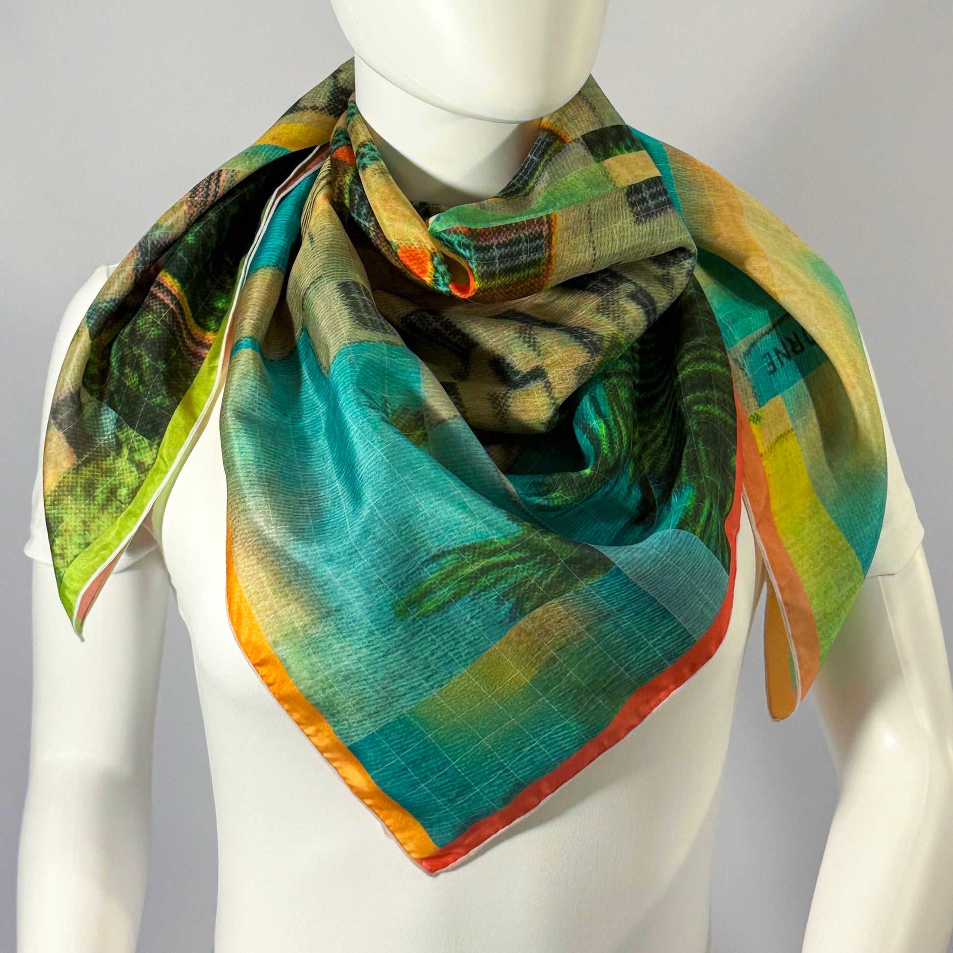 Shelborne Hotel, Miami silk scarf tied at the neck on a form — Art Deco Miami hotel with palm trees in teal and coral.—Square Scarf